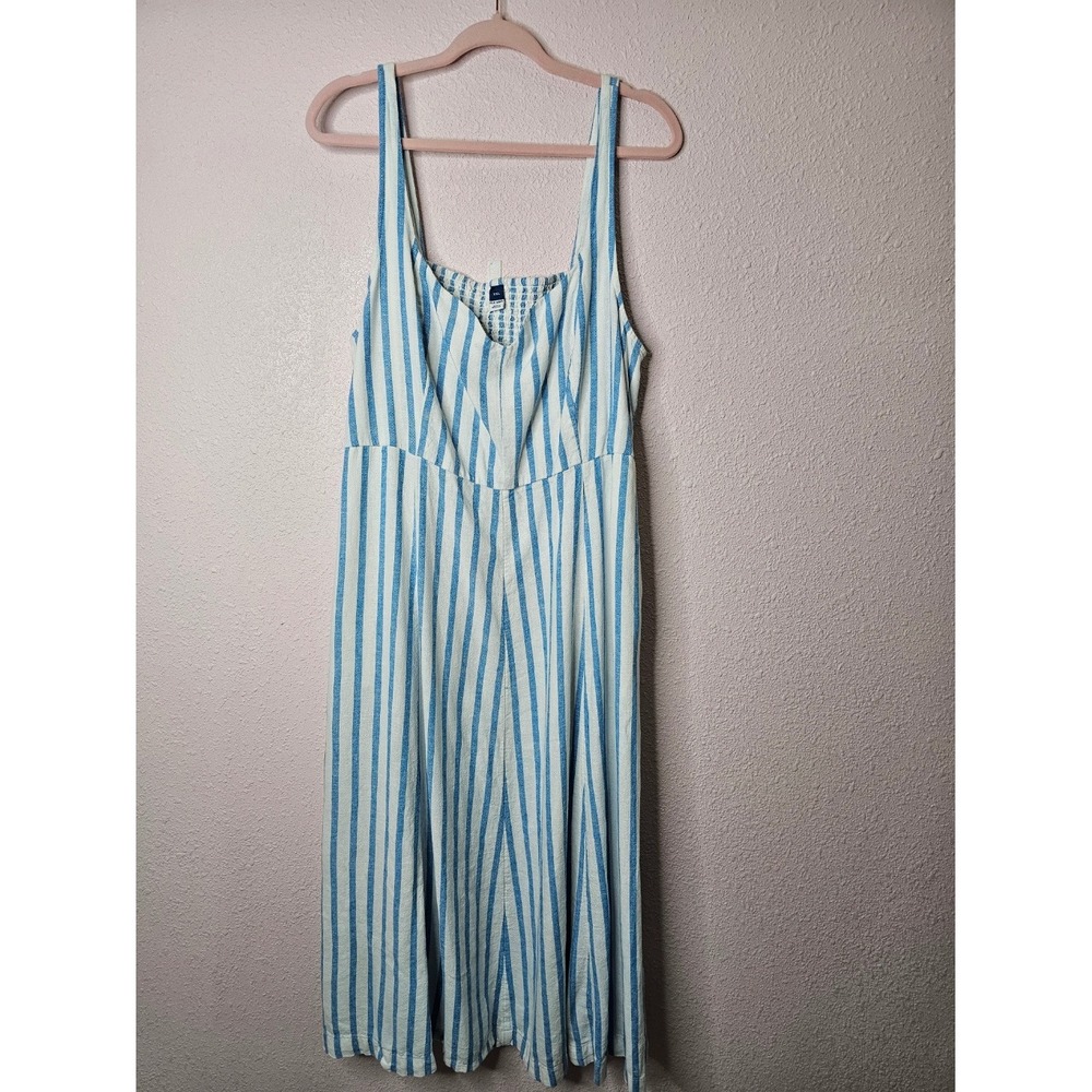 Old Navy Blue White Striped Linen Blend Smocked Midi Dress XXL Pockets Vacation